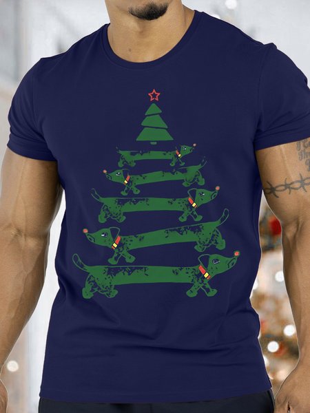

Men's Christmas Tree Dog Funny Graphics Print Loose Cotton Crew Neck Casual T-Shirt, Purplish blue, T-shirts