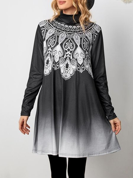 

Casual Ethnic Turtleneck Polyester Cotton Dress, Black, Dresses