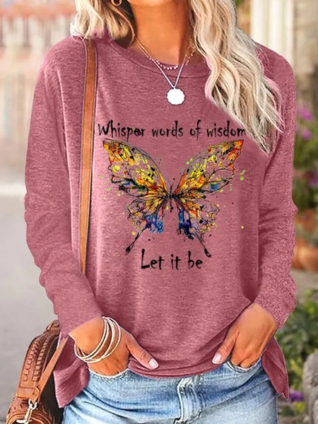 

Women's Butterfly Whisper Letters Casual Top, Rose red, Long sleeves