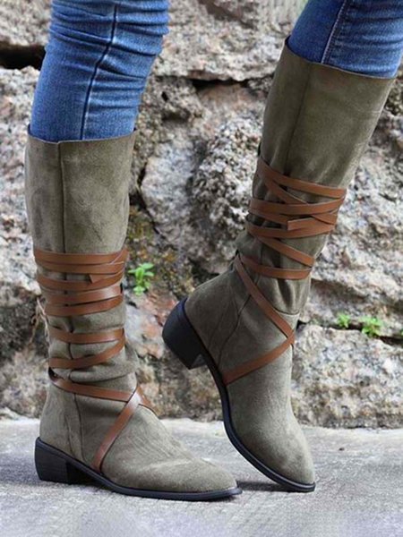 

Vintage Faux Suede Wrap-Accent Tall Boots, Green, Boots
