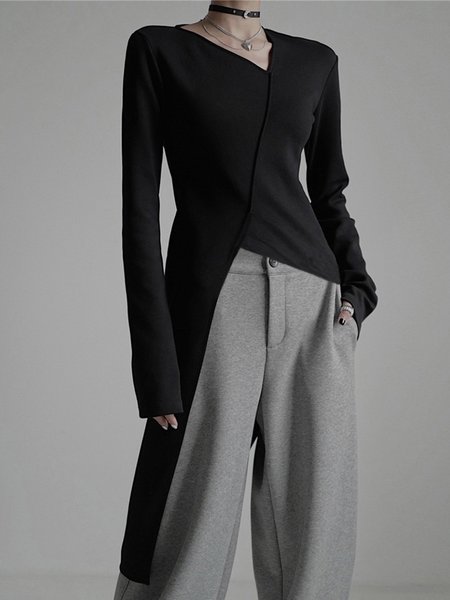 

Tight Asymmetrical Urban Long Sleeve Plain Top, Black, Tops