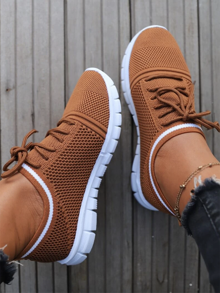 

Lightweight Breathable Flyknit Lace-Up Sneakers, Brown, Sneakers
