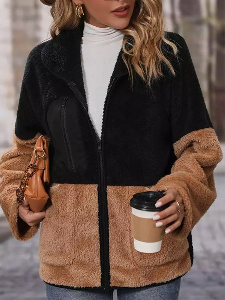 

Loose Casual Zipper Teddy Jacket, Black, Coats