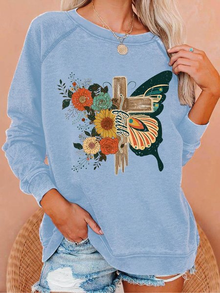 

Women's Faith Graphic Retro Floral Christian Butterfly Crew Neck Sweatshirt, Light blue, Hoodies&Sweatshirts
