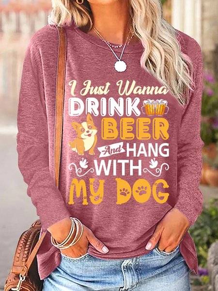 

Lilicloth X Manikvskhan Dog Lovers Shirt I Just Wanna Drink Beer And Hang With My Dog Womens Casual Top, Pink, Long sleeves