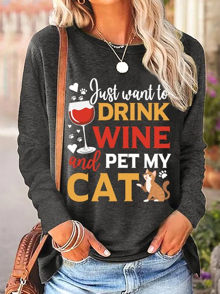 

Lilicloth X Manikvskhan Cat Lovers Shirt Just Want To Drink Wine And Pet My Cat Womens Casual Top, Gray, Long sleeves
