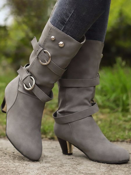 

Buckle Mid-Cut Block Heel Boots, Gray, Boots