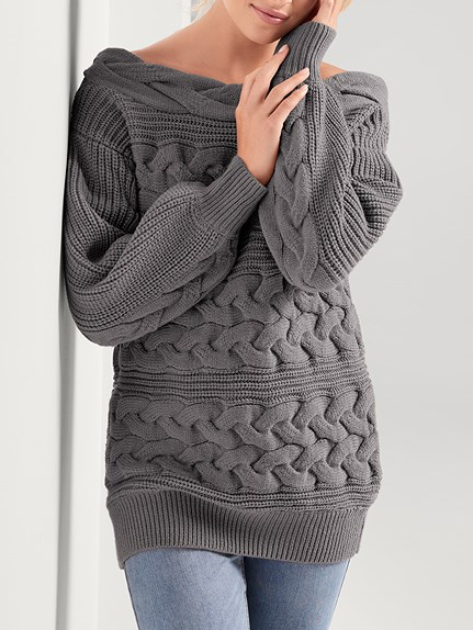 

Cotton-Blend Boat Neck Loose Casual Sweater, Gray, Sweaters & Cardigans
