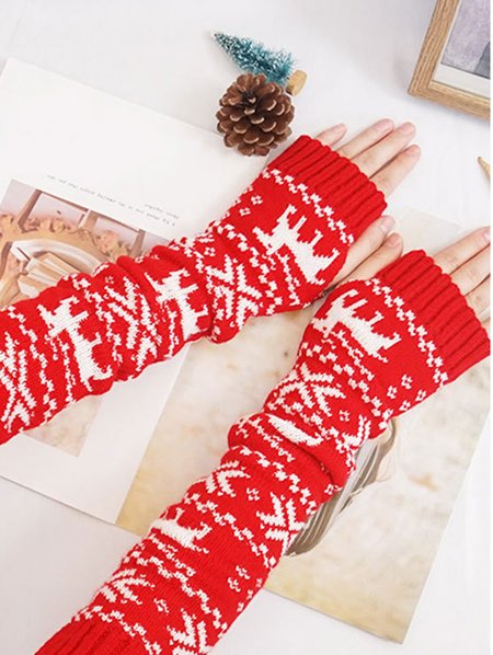 

Green Red Cotton Elk Snowflake Pattern Long Half Finger Gloves Autumn Winter Festive Warm Accessories, Women Gloves
