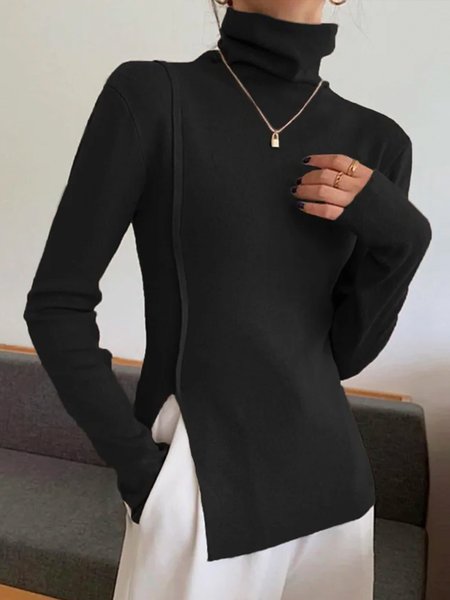 

Plain Turtleneck Simple Long Sleeve Split Basic Top, Black, Tees