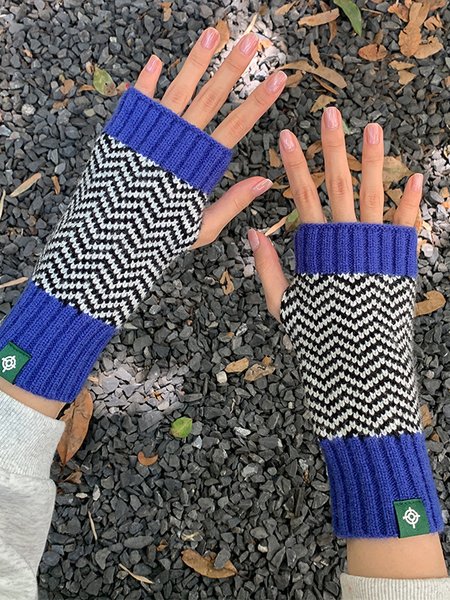 

Cotton Striped Contrast Color Half Finger Gloves Autumn and Winter Vintage Warm Accessories, Blue, Women Gloves