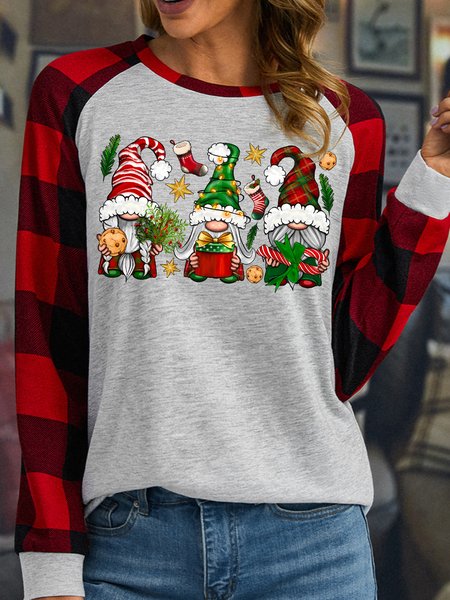 

Women's Christmas Gnome Buffalo Plaid Graphic Print Merry Christmas Loose Crew Neck Top, White, Long sleeves