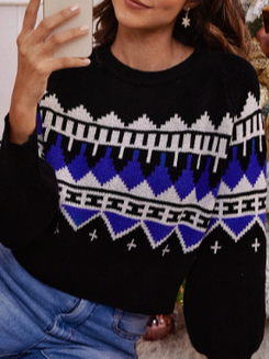 

Geometric Casual Crew Neck Sweater, Black, Sweaters