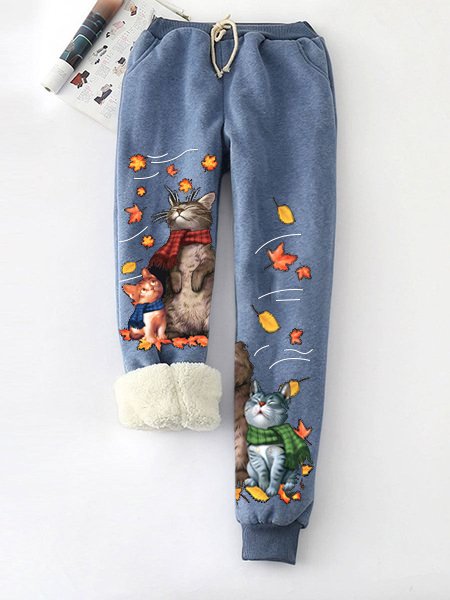 

Women Christmas Fleece Warm Cute Cat Knitted Casual Harem Pants, Blue, Pants