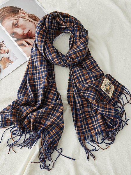

Casual Retro Plaid Long Scarf Everyday Clothing Sweater With Accessories, Blue, Scarfs