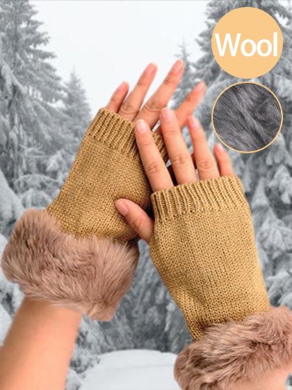 

Cotton Woven Plush Patchwork Half Finger Gloves Autumn Winter Thickened Warm Accessories, Camel, Women Gloves