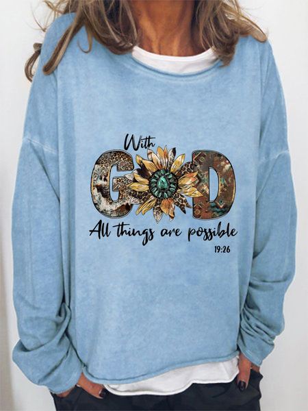 

Women's God All Things are Possible Crew Neck Loose Daisy Simple Sweatshirt, Light blue, Hoodies&Sweatshirts