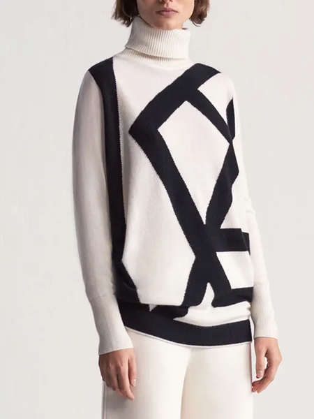 

Geometric Regular Fit Elegant Turtleneck Sweater, White, Pullovers