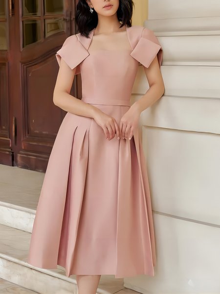 

Plain Elegant Regular Fit Short sleeve Square Neck Party Dress, Pink, Midi Dresses