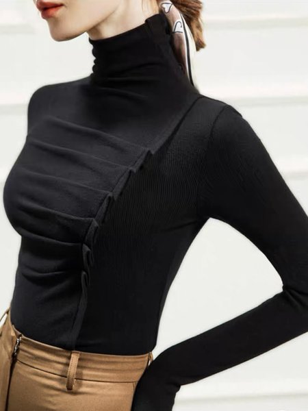 

Turtleneck Urban Tight Plain Long Sleeve T-Shirt, Black, Tees