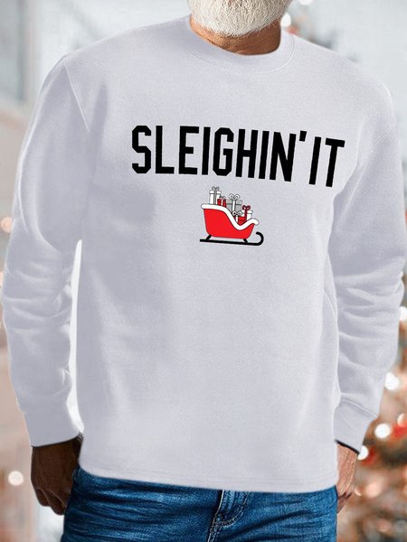 

Men's Christmas Sleighin'It Funny Graphics Print Crew Neck Casual Loose Sweatshirt, White, Hoodies&Sweatshirts