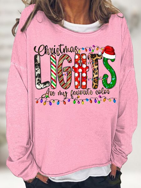 

Women's christmas lights are my favoute color Graphics Print Crew Neck Christmas Loose Casual Sweatshirt, Pink, Hoodies&Sweatshirts