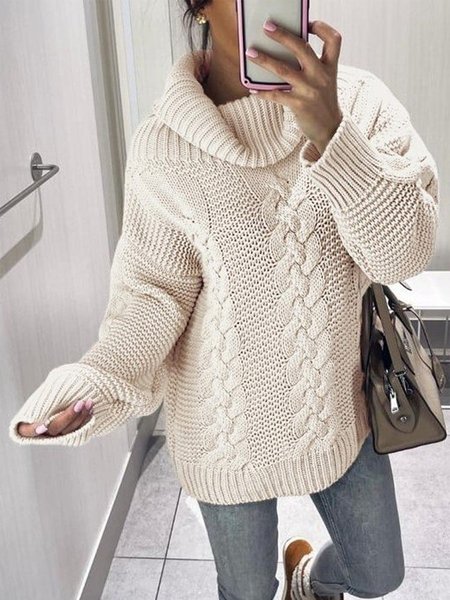 

Casual Plain Turtleneck Loose Sweater, White, Sweaters