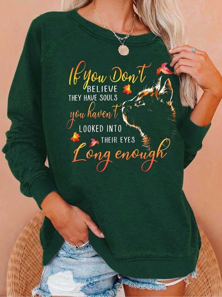 

Women Looked Into Their Eyes Cat Letters Crew Neck Cat Sweatshirt, Green, Hoodies&Sweatshirts