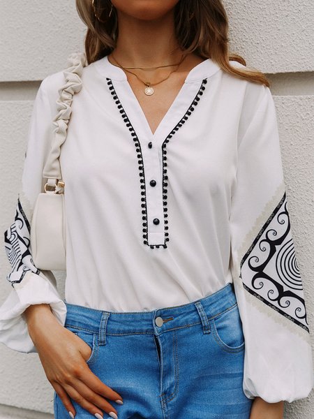 

Buttoned Lantern Sleeve Loose Buttoned Boho Blouse, White, Blouses & Shirts