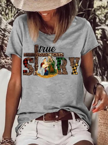 

Women's True Story Birth Of Jesus Graphics Print Casual Crew Neck T-Shirt, Gray, T-shirts