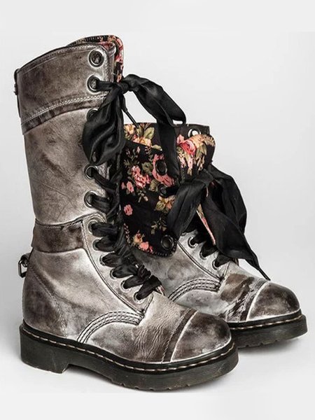 

Vintage Print Chunky Heel Lace-Up Booties, Gray, Boots