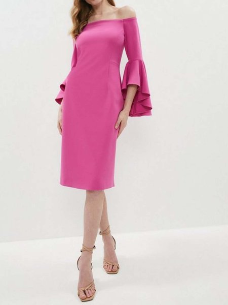 

Elegant Plain Regular Fit Cold Shoulder Ruffled Sleeves Dress & Party Dress, Pink, Midi Dresses