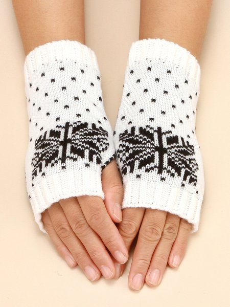 

Casual Retro Snowflake Dot Pattern Half Finger Gloves Autumn and Winter Warm Clothes Matching Accessories, White, Women Gloves