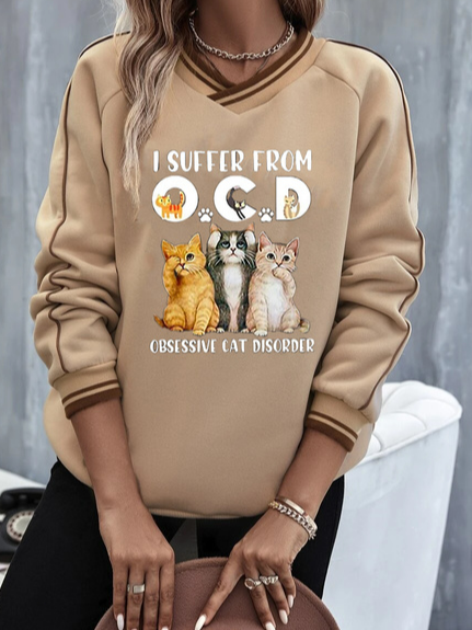 V Neck Text Letters Sweatshirt, Multicolor, Hoodies & Sweatshirts