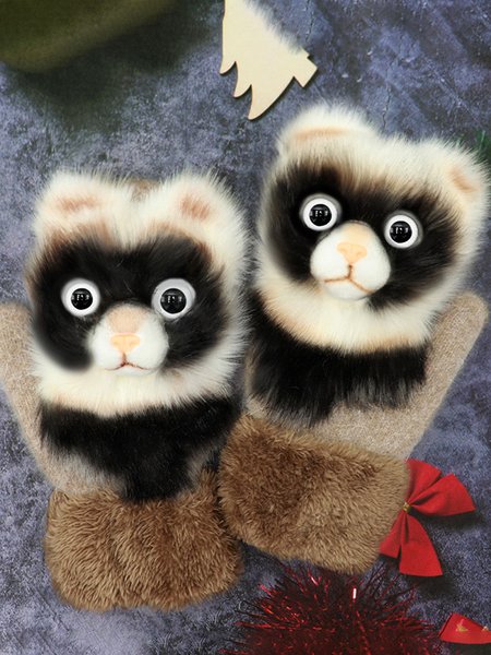 

3D Casual Simulated Animal Plush Gloves, Camel, Women Gloves