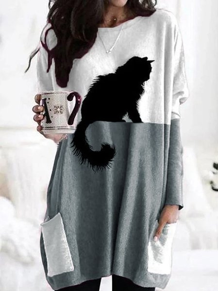 

Cat print casual mid-length casual multi-pocket round neck knitted dress, Gray white, Dresses