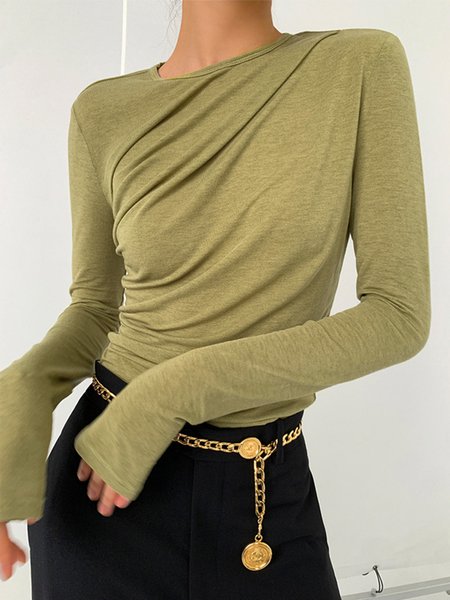 

Plain Long Sleeve Simple Crew Neck T-Shirt, Green, Tees