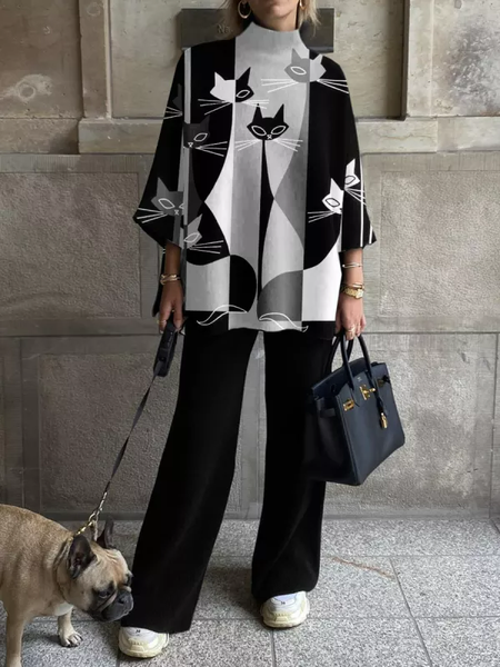 

Loose Stand Collar Casual Cat Two-Piece Set, Black, Suit Set