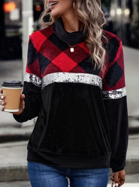 

Loose Plaid Turtleneck Casual Sweatshirt, Red, Sweatshirts & Hoodies