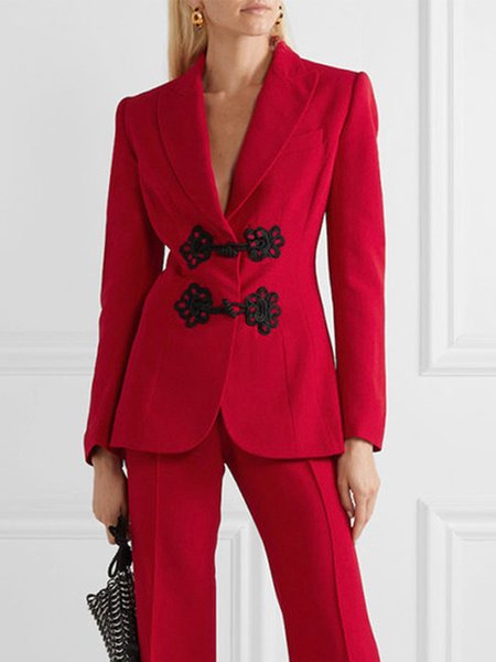

Lapel Collar Plain Urban Long Sleeve Blazer, Red, Blazers