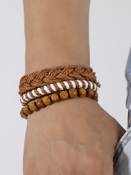 

Western Style Vintage Leather Woven Wooden Beaded Multilayer Bracelet Boho Beach Resort Jewelry, Brown, Jewelry