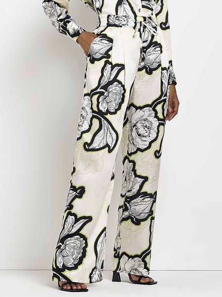 

Long Regular Fit Elegant Floral Fashion Pants, As picture, Pants