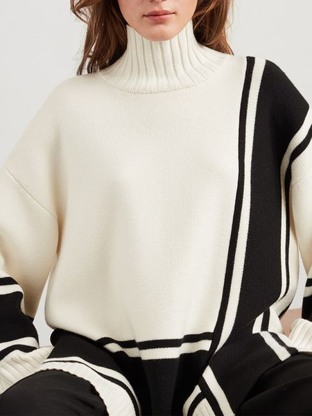 

Elegant Turtleneck Regular Fit Sweater, Black-white, Pullovers