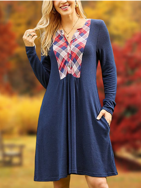 

Plaid Contrast Pocket Shift Dress, Blue, Mini Dresses