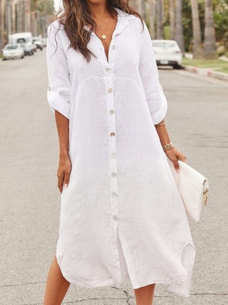 

Plain Casual Buckle Shawl Collar Dress, White, Midi Dresses