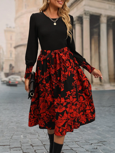 

Crew Neck Floral Casual Cotton-Blend Dress, Red, Dresses