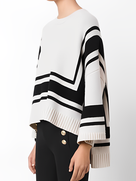 

Crew Neck Striped Elegant Wool/Knitting Sweater, Black-white, Pullovers