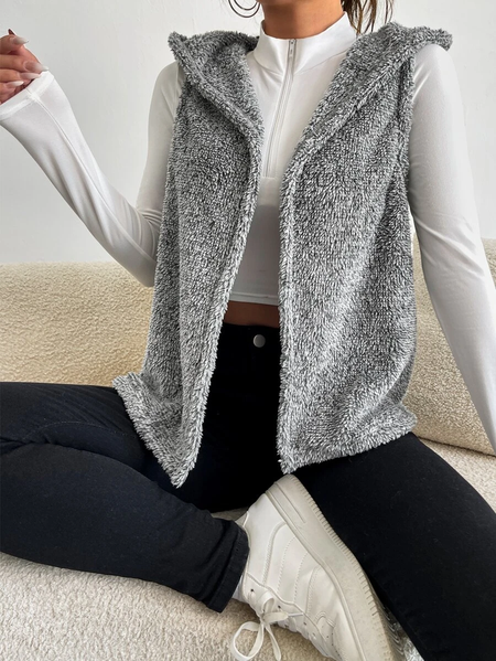 

Casual Regular Fit Plain Hoodie Vest, Gray, Outerwear