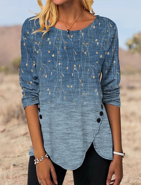 

Casual Gradient Floral Crew Neck Loose Top, Blue, Tops
