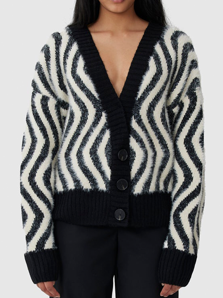 

Loose Urban Striped Wool/Knitting Sweater, Black-white, Pullovers